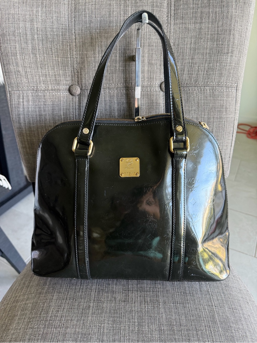 MCM Black Patent Leather Dome Tote with Gold Plaque